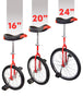 All sizes Indy unicycles: 16 inches, 20 inches, 24 inches