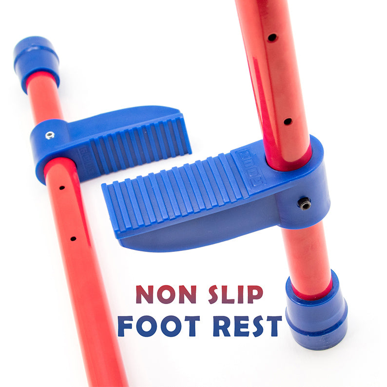 Close- up of Steady Stilts foot rest with note 'non slip foot rest'
