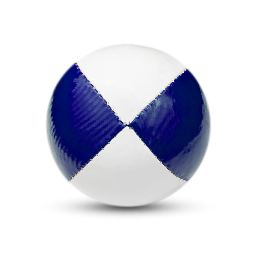 A white and blue Juggle Dream 120g thud juggling ball