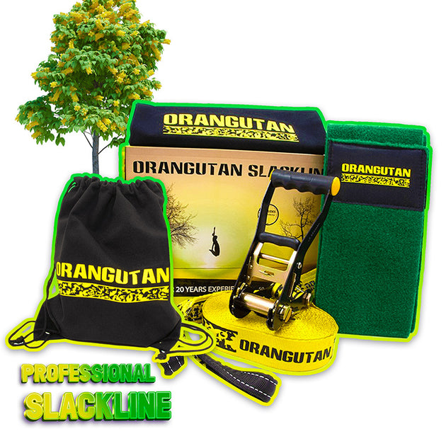 Orangutan Slackline 15m Set with line, ratchet, tree protector, bag, packaging box