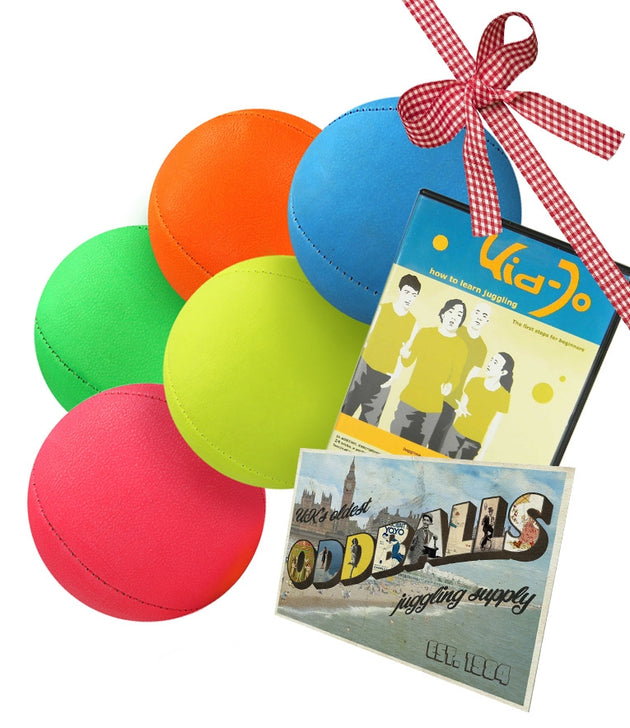 5 pc Juggle Dream Smoothie Juggling Balls (UV Solid Colours), Kid Jo Juggling DVD and Oddballs Postcard