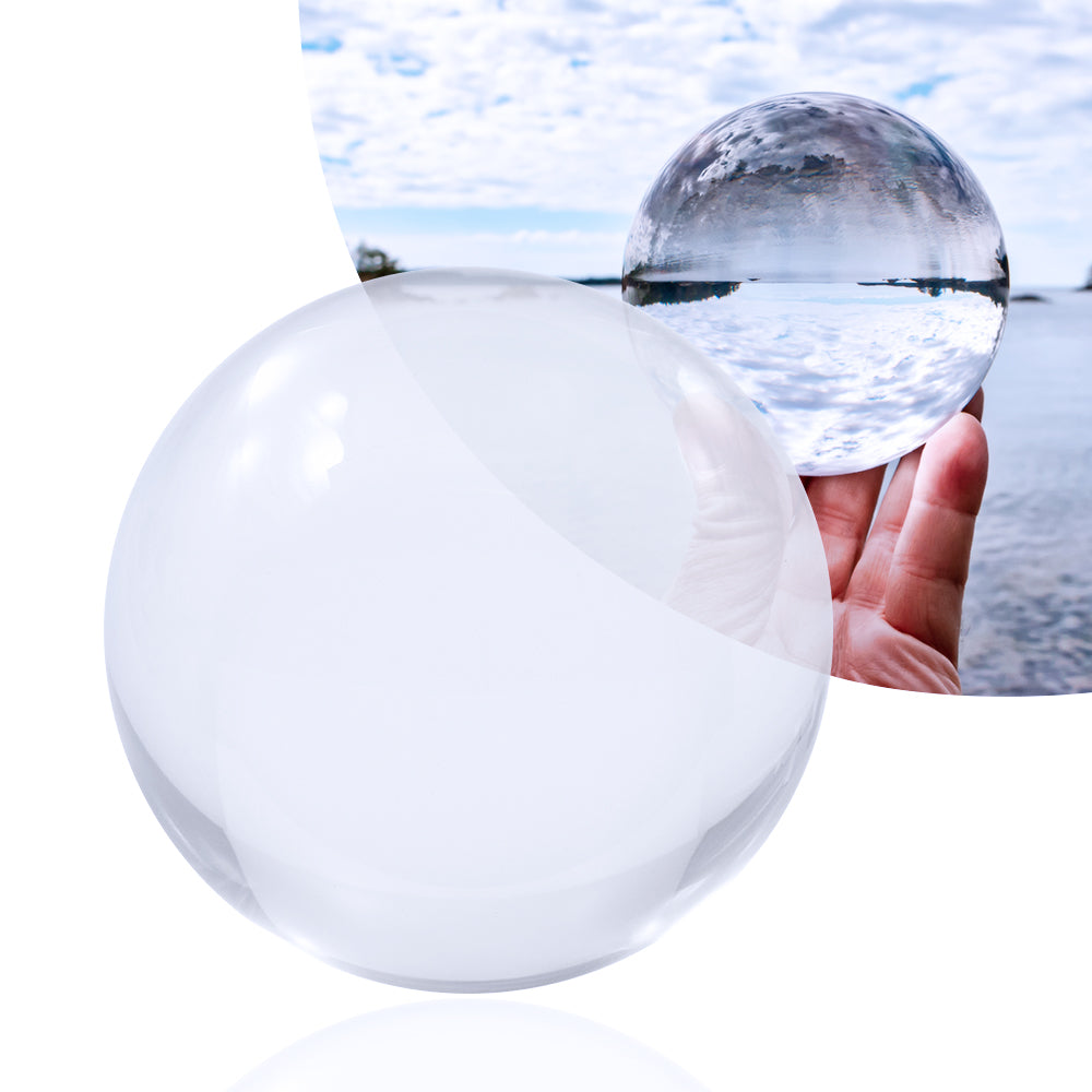 110mm Clear Contact Juggling Ball; Fingers holding the ball; Inverted panorama of lake in reflection of ball