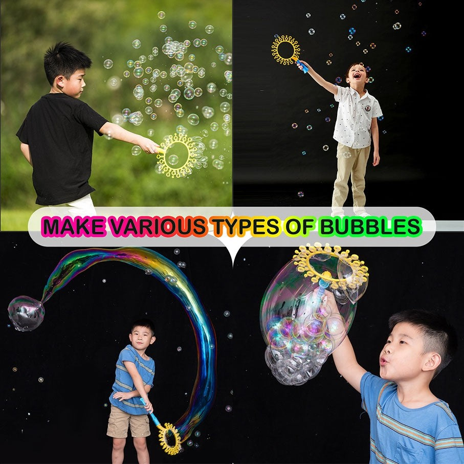 Boy playing with bubble kit making various types of bubbles: small bubbles and big bubbles