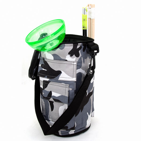 Opened  Grey/ Black/ White colours theme Diabolo Bag with diabolo inside and two types of handsticks