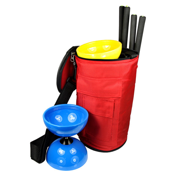 Opened Red colour Diabolo Bag with two handsticks and diabolo inside; one diabolo near the bag