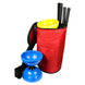 Opened Red colour Diabolo Bag with two handsticks and diabolo inside; one diabolo near the bag