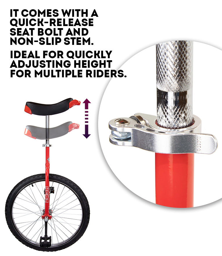 Close-up of quick release seat bolt and unicycle height adjusting with note: 'It comes with a quick-release seat bolt and non-slip stem. Ideal for quickly adjusting height for multiple riders'