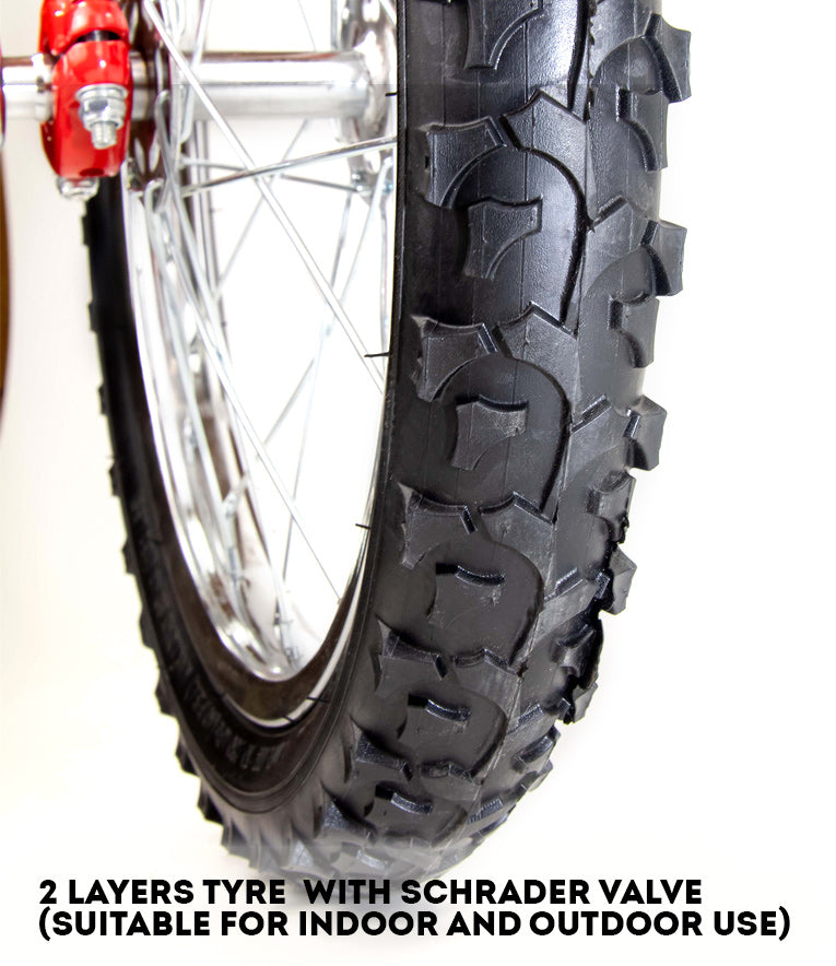 Close-up of unicycle tyre with note: '2 layers tyre with schrader valve (suitable for indoor and outdoor use)'