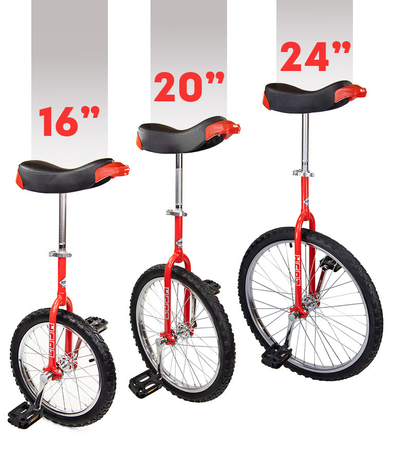 All sizes Indy unicycles: 16 inches, 20 inches, 24 inches