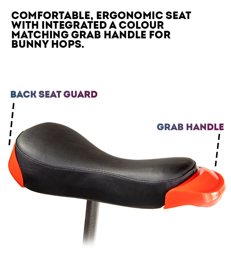 Close-up of unicycle seat showing back seat guard and grab handle with note: 'Comfortable, ergonomic seat with integrated a colour matching grab handle for bunny hops'