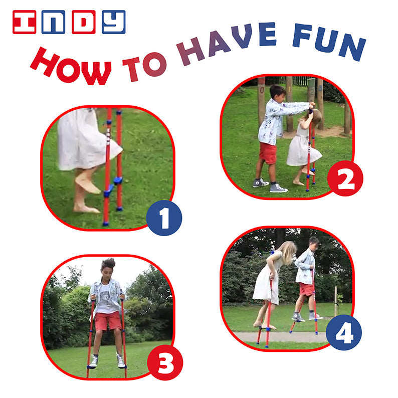 4 pictures showing girl and boy walking with stilts with note 'How to have fun'