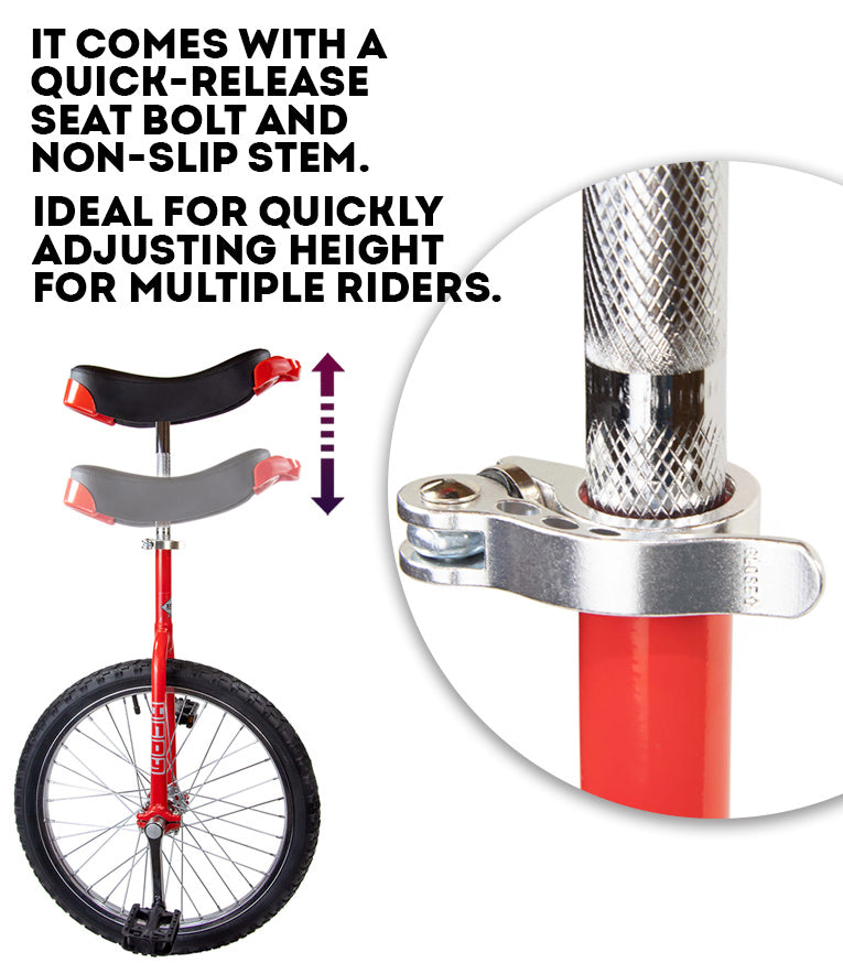 Close-up of quick release seat bolt and unicycle height adjusting with note: 'It comes with a quick-release seat bolt and non-slip stem. Ideal for quickly adjusting height for multiple riders'