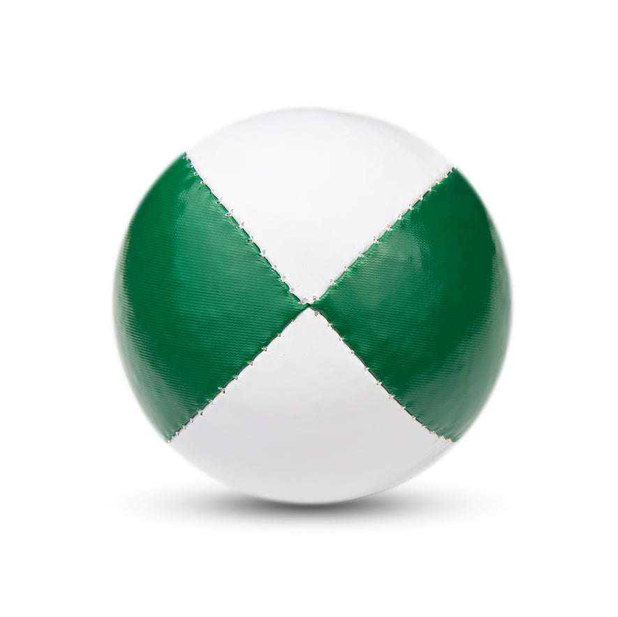 A white and green Juggle Dream 120g thud juggling ball