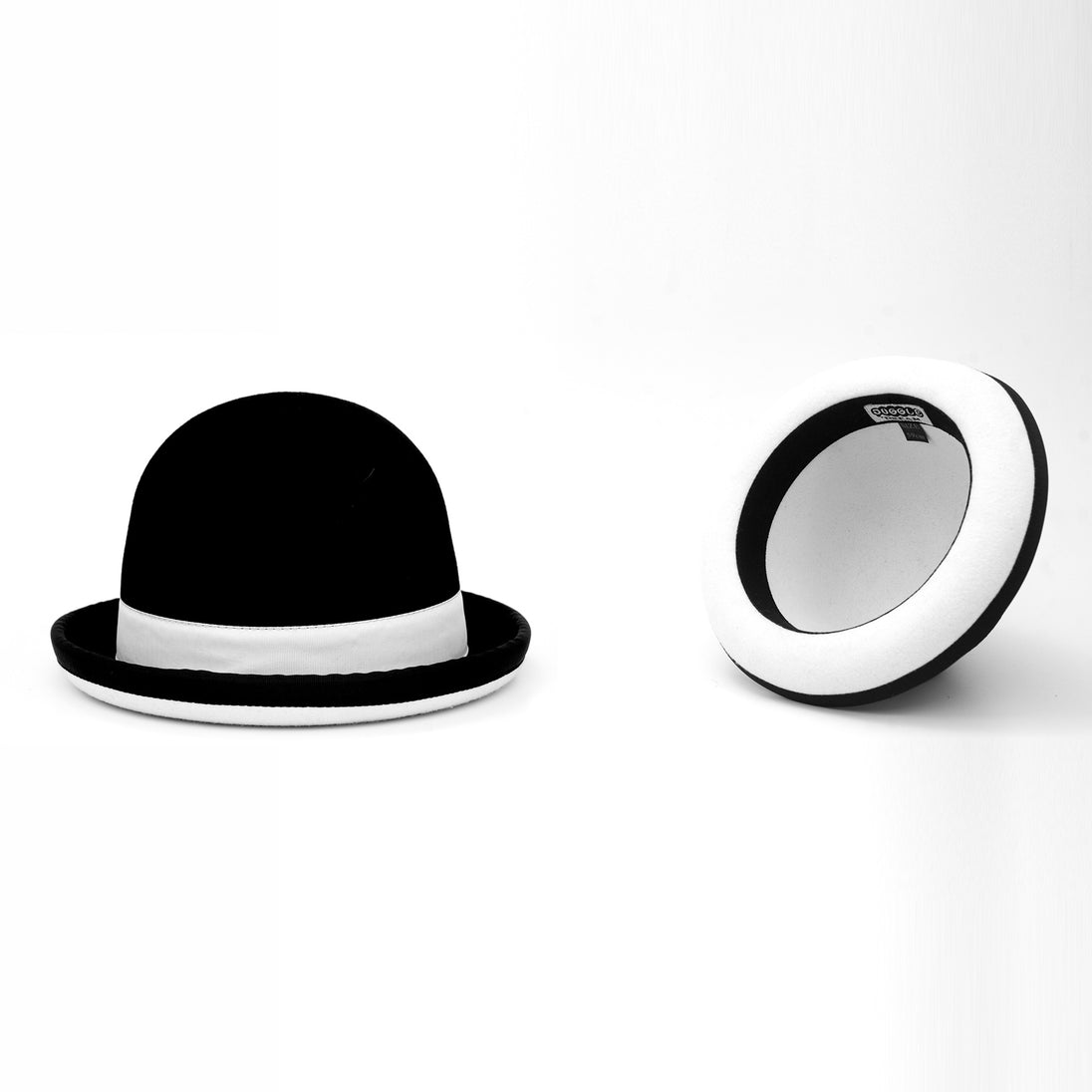 Tumbler Juggling Bowler Hat black with white trim; the side and inside of the hat
