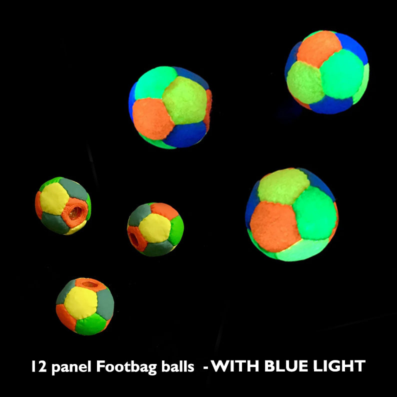 Juggle-Light 12-Panel Pro LED Footbags, one lightening in black background