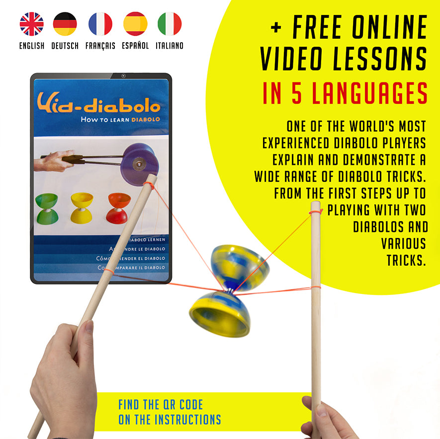 A person holding a wooden handsticks and spinning diabolo promoting Juggle Dream's online learning video