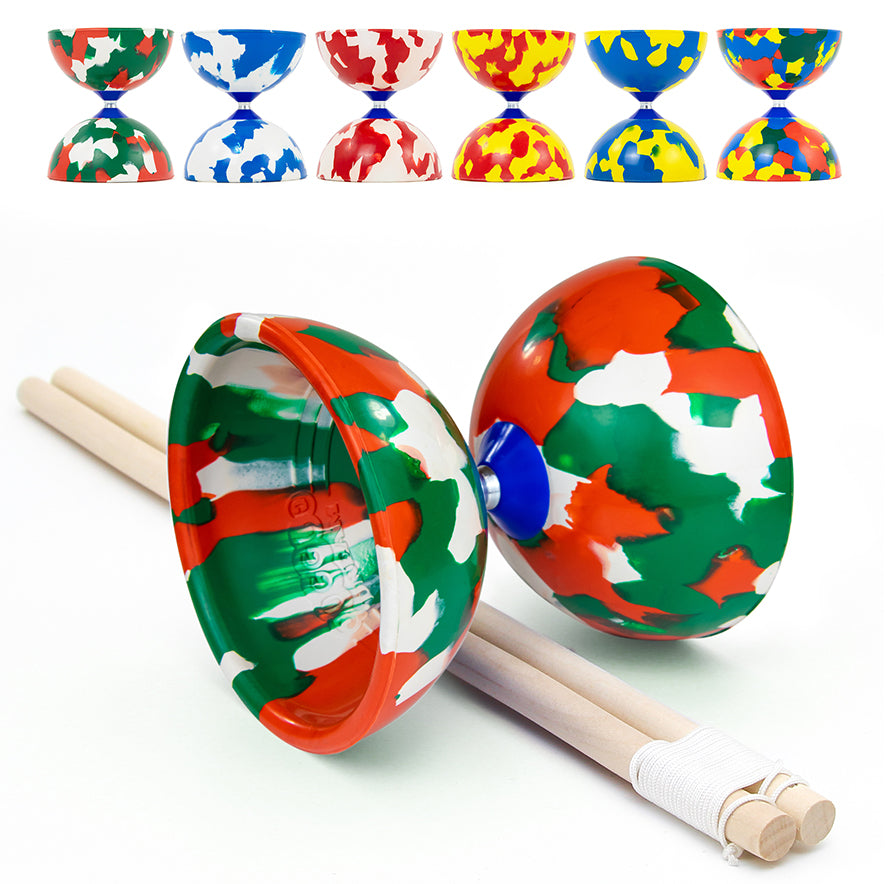 Juggle Dream white, red and green colours Diabolo Toy with wooden handsticks and all color variations showed on the top
