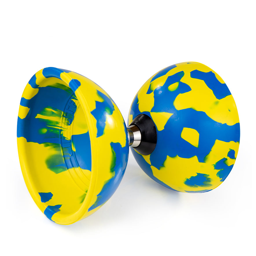 Juggle Dream Jester Bearing Diabolo from side Blue/Yellow colours
