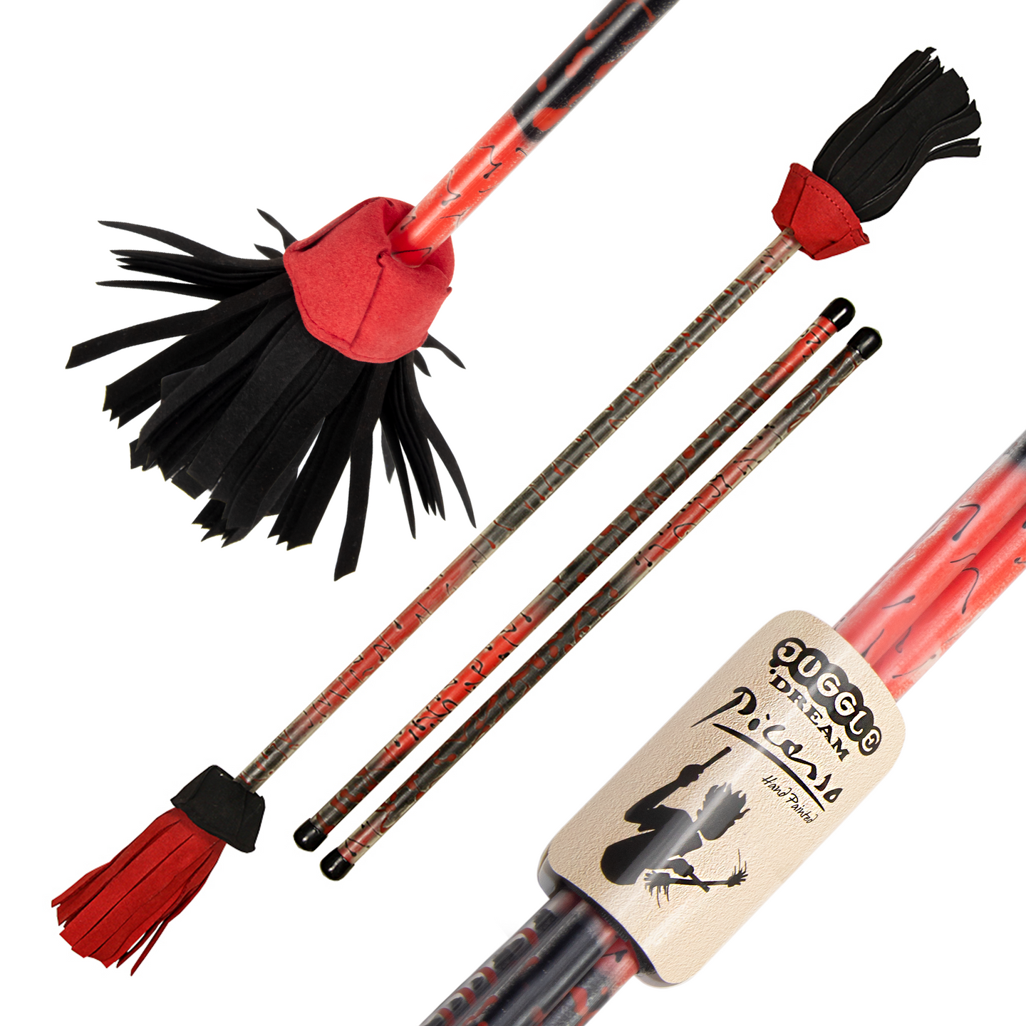 Black/ Red Full size Picasso Flower Stick with Handsticks with close-up of label and tassels