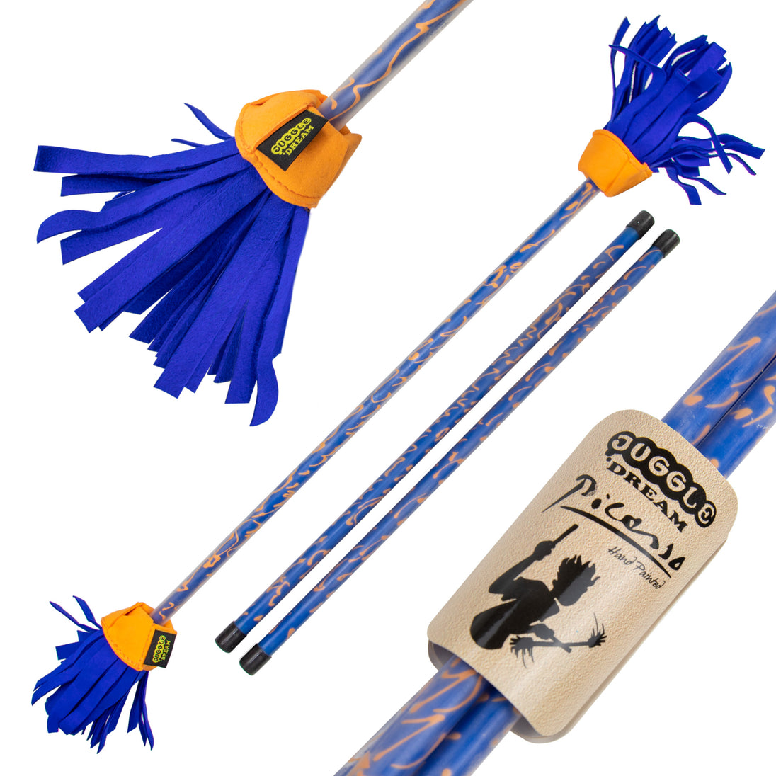 Blue/ Orange full size Picasso Flower Stick with Handsticks with close-up of label and tassels