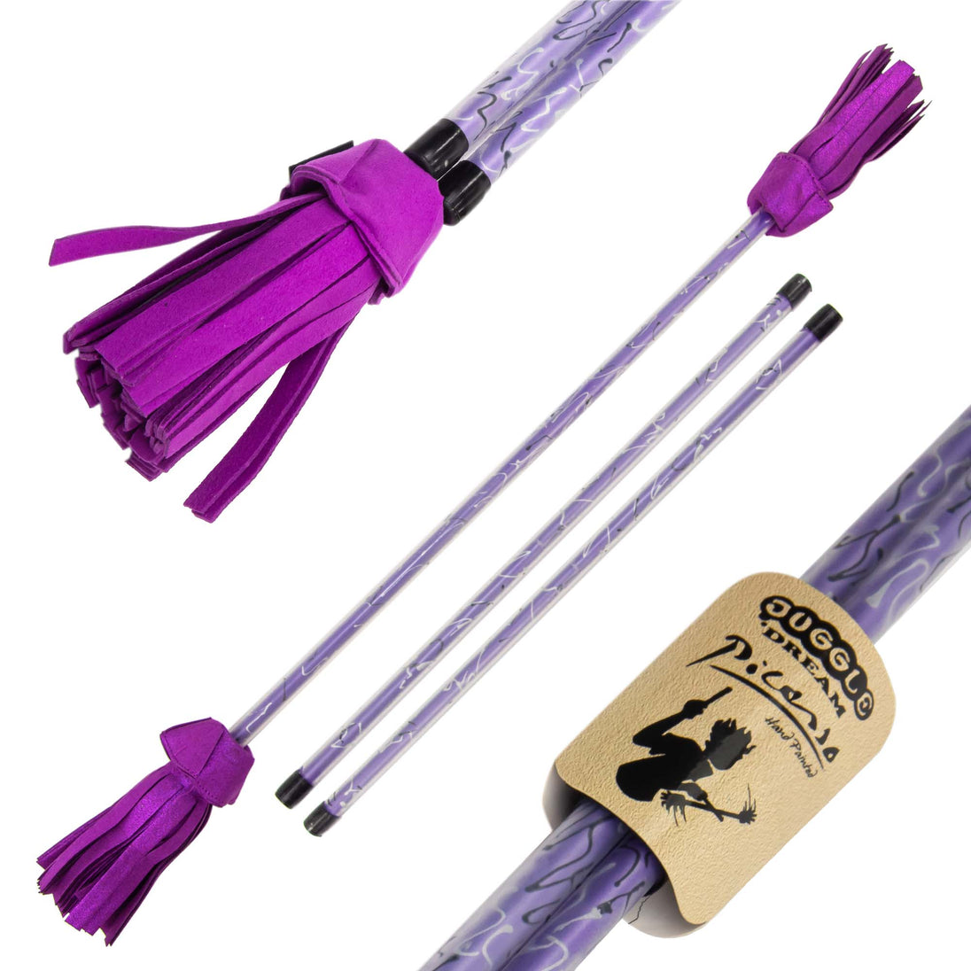 Purple full size Picasso Flower Stick with Handsticks with close-up of label and tassels