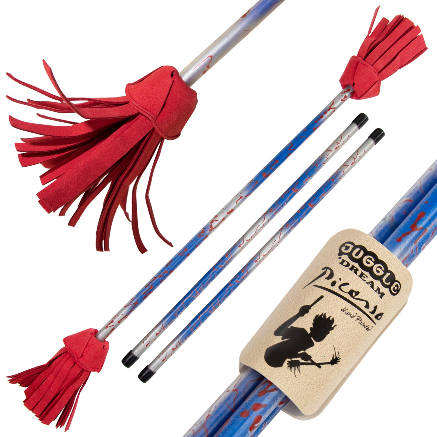 Red/ Silver full size Picasso Flower Stick with Handsticks with close-up of label and tassels