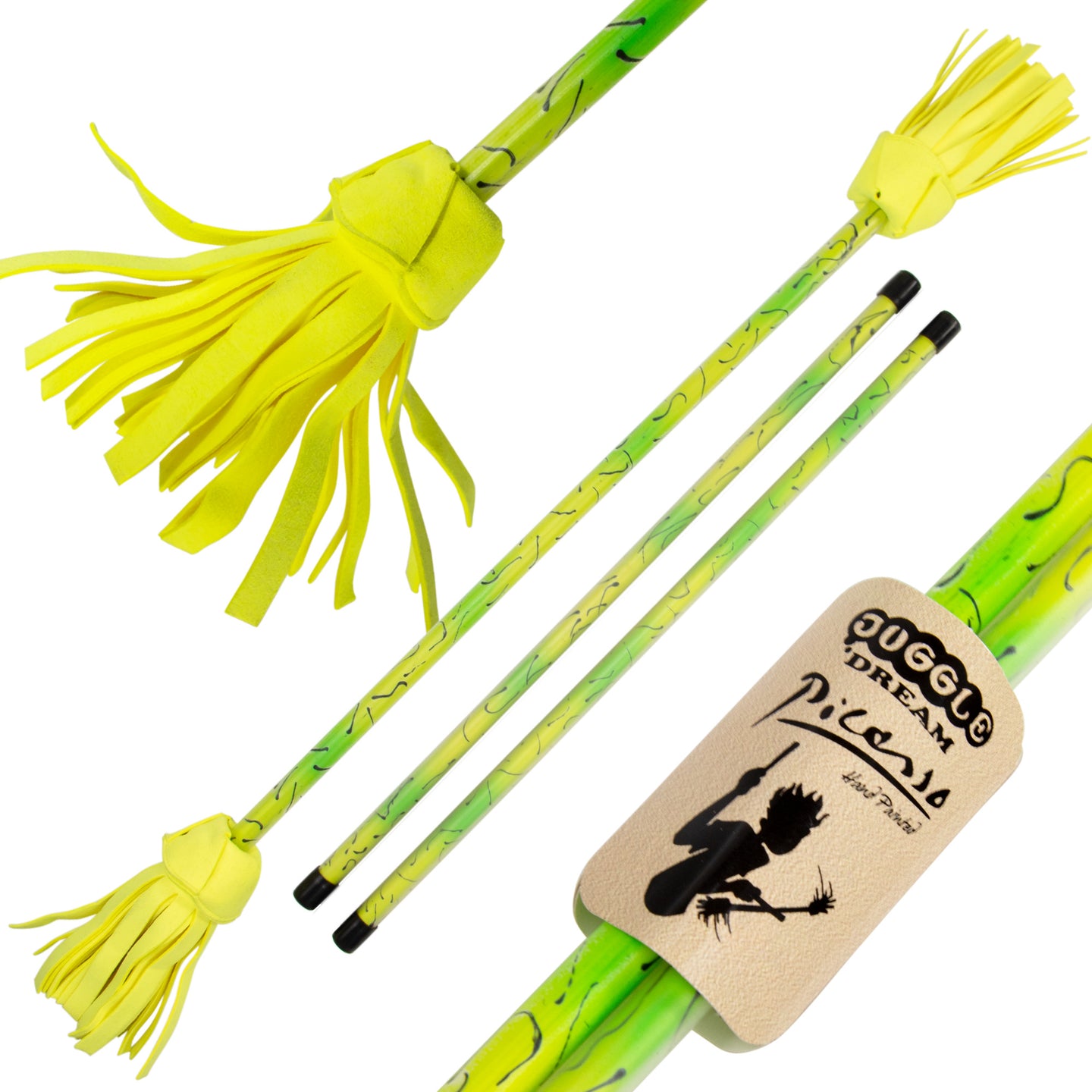 Yellow/ Green full size Picasso Flower Stick with Handsticks with close-up of label and tassels