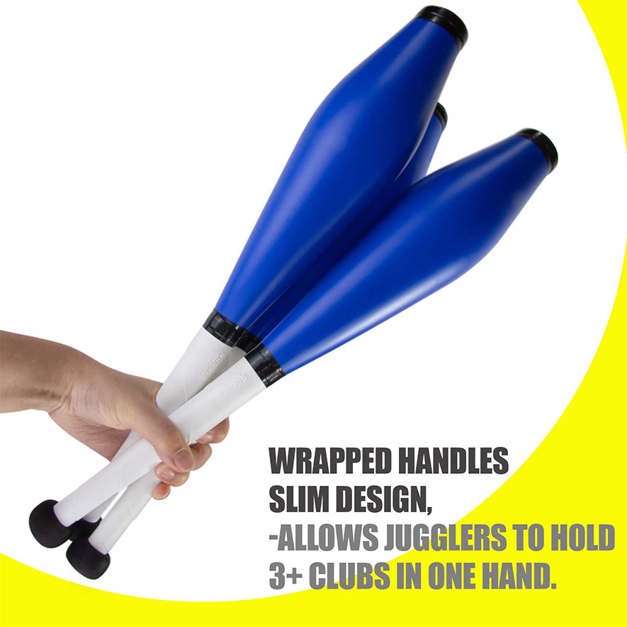 Wrapped handles and slim design allows jugglers to hold 3+ clubs in one hand