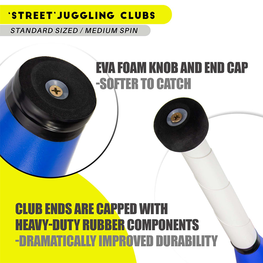 Eva foam knob and end cap-softer to catch; club ends are capped with heavy-duty rubber components - dramatically improved durability