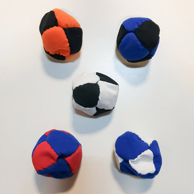 5 Sand Filled Footbags - 8 panel - orange/ black, blue/ black, white/ black, red/ blue, white/ blue