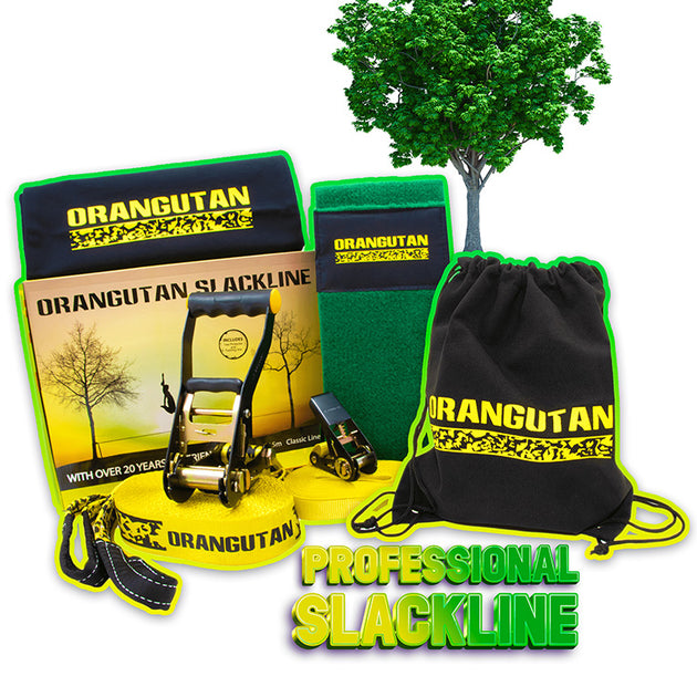 Orangutan Slackline 15m Set with line, ratchet, tree protector, training line, bag, packaging box