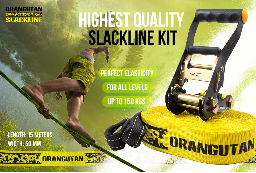 Orangutan Slackline on nature background, men walking on Slackline, slackline dimensions: length 15 meters, width: 50 mm