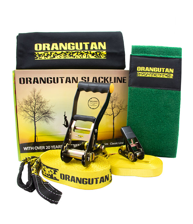 Orangutan Slackline 15m Set with line, ratchet, tree protector, training line, bag, packaging box