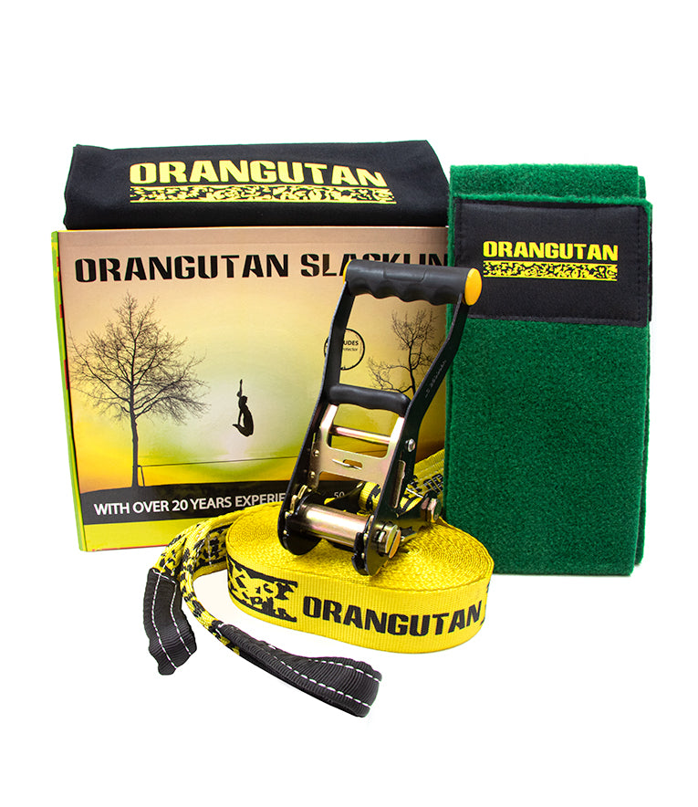 Orangutan Slackline 15m Set with line, ratchet, tree protector, bag, packaging box