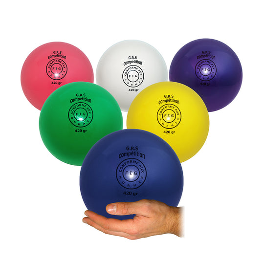 Various colours Rhythmic Gymnastic Balls and one in hand