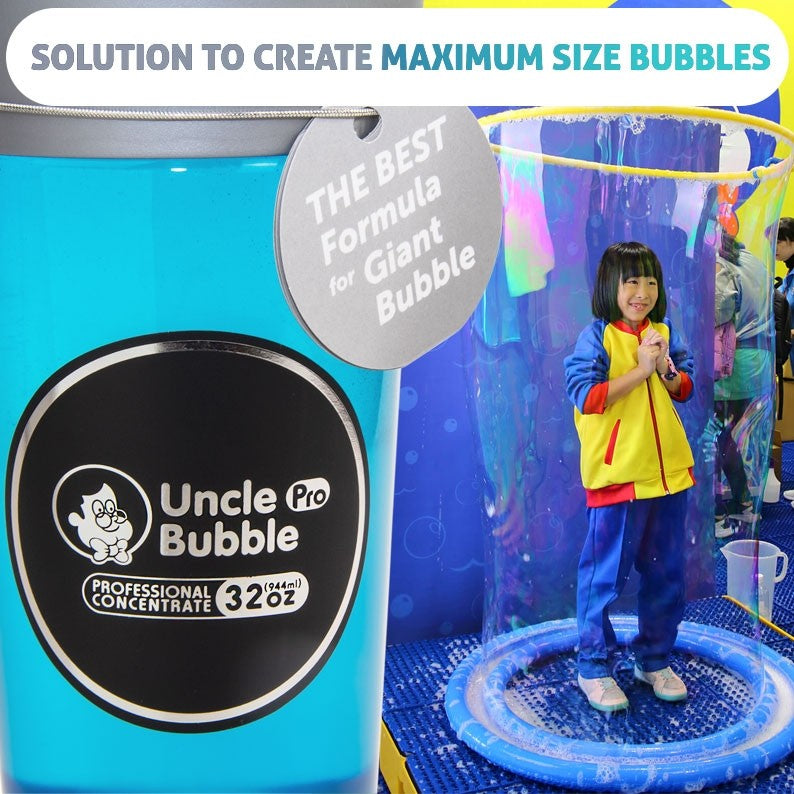 Close-up of Uncle Bubble 32oz 944 ml Concentrate Bottle and girl inside bubble with note: 'solution to create maximum size bubbles'