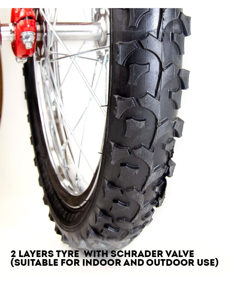 Close-up of unicycle tyre with note: '2 layers tyre with schrader valve (suitable for indoor and outdoor use)'