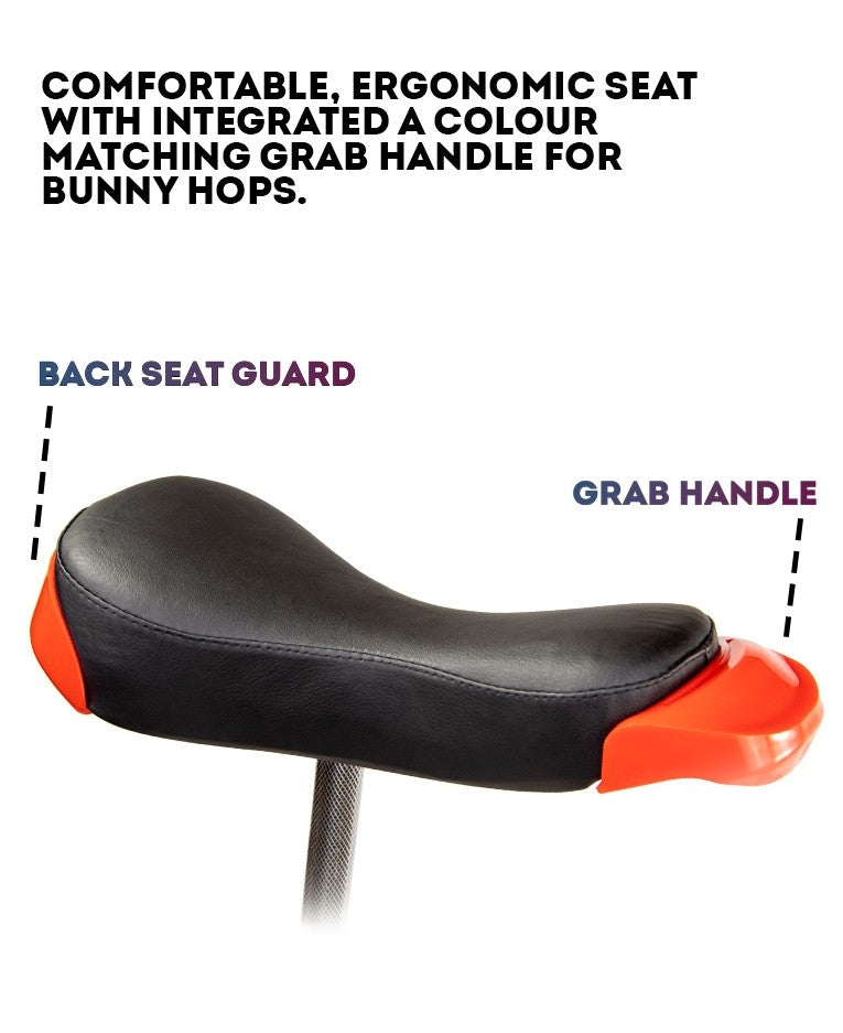 Close-up of unicycle seat showing back seat guard and grab handle with note: 'Comfortable, ergonomic seat with integrated a colour matching grab handle for bunny hops'