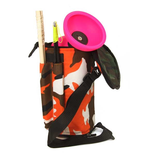 Opened orange/ brown/ black/ white Diabolo Bag with diabolo and two types of handsticks