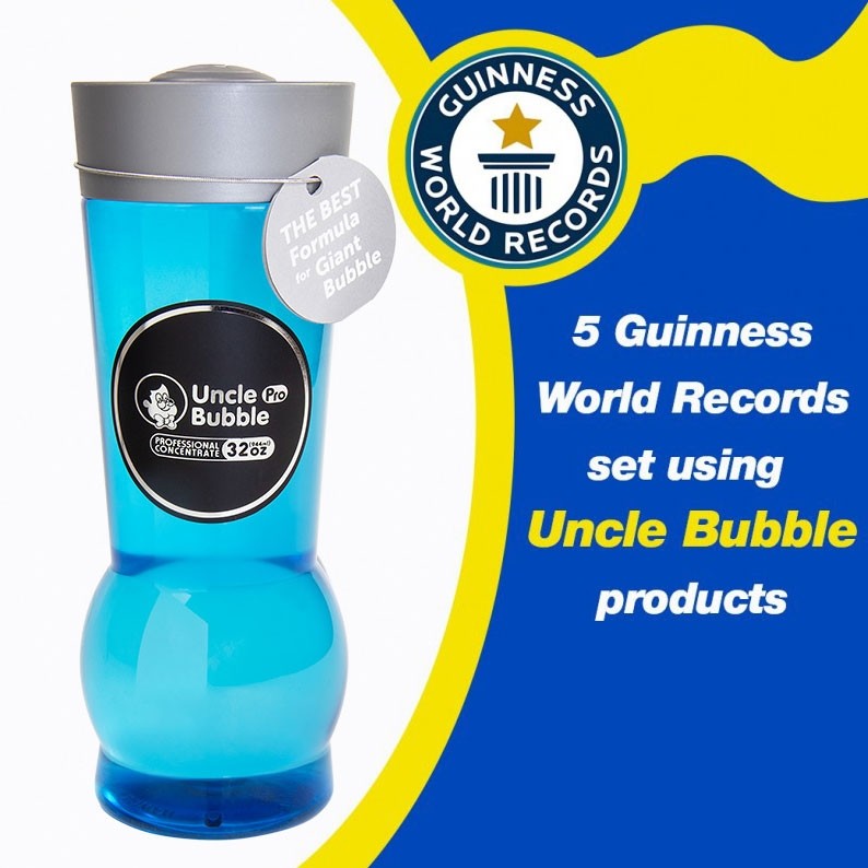Uncle Bubble Concentration bottle with note: '5 Guinness World Records set using Uncle Bubble products'