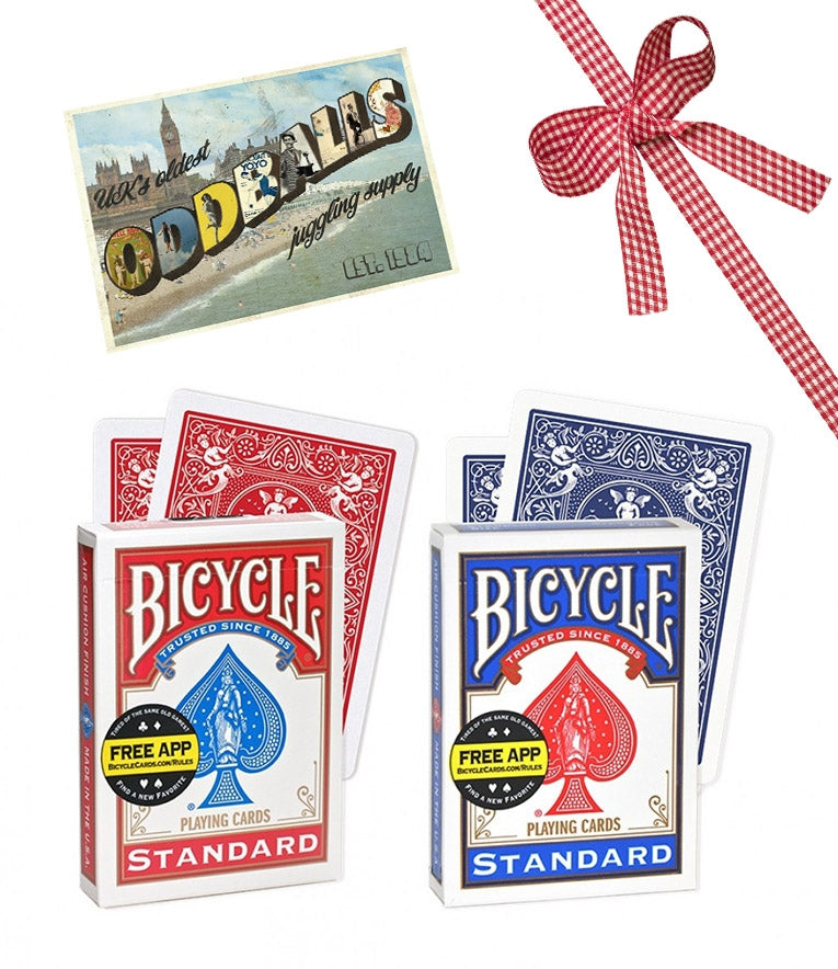 2 pc Bicycle Double Back Trick Card Decks (Red and Blue) + Oddballs Postcard