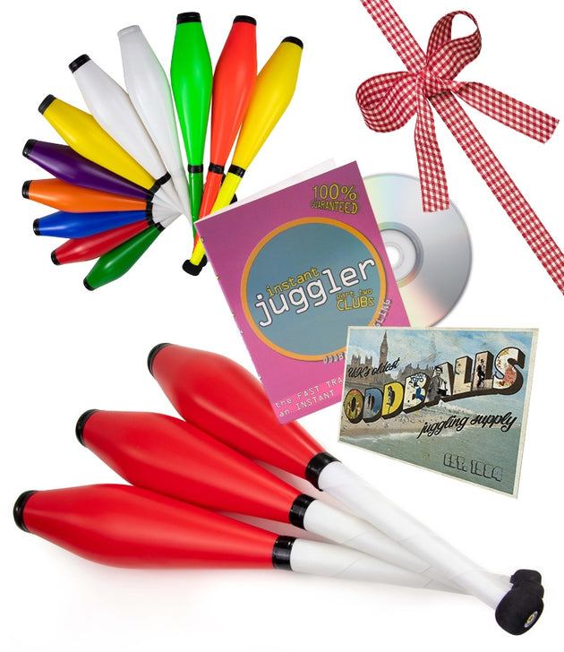 3 pc Juggle Dream Trainer Juggling Clubs, Instant Juggler DVD and Oddballs Postcard