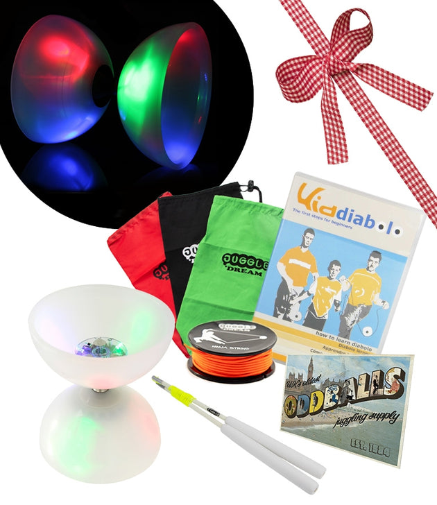 JD LED Big Top Bearing Diabolo - JD Superglass Coloured Handsticks - 10m STRING - BAG - DVD - POSTCARD - RRP £