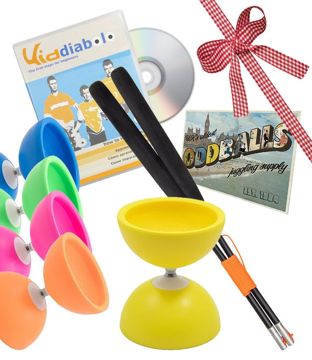 Juggle Dream Gyro Fixed Diabolo with JD Superglass handsticks (Black) + Kid Diabolo DVD + Oddballs Postcard 