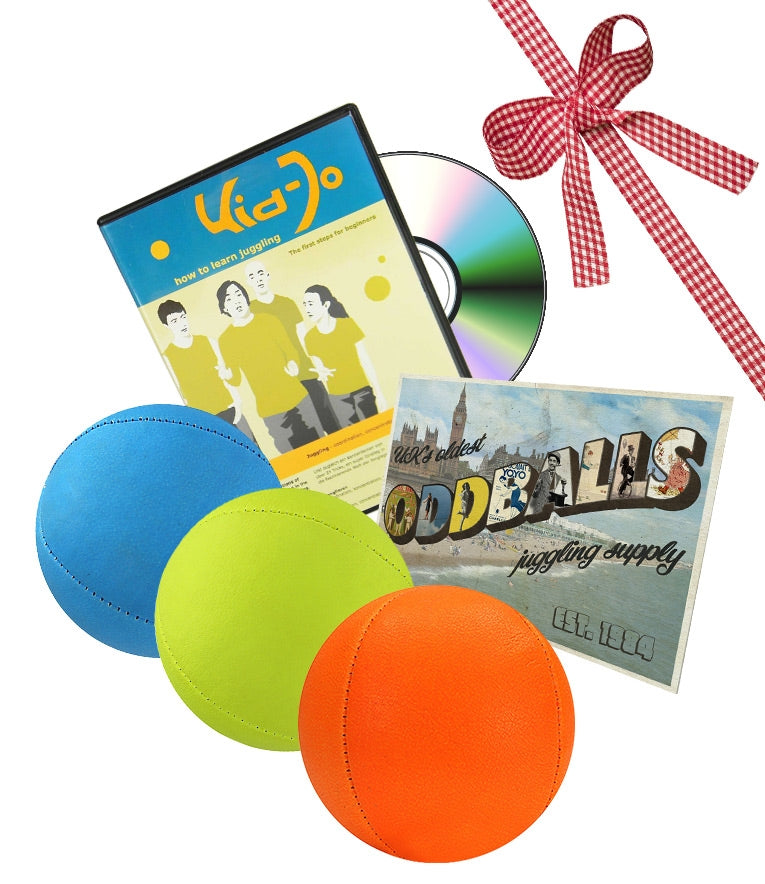 3 pc Juggle Dream Smoothie Juggling Balls (UV Solid Colours), Kid Jo Juggling DVD and Oddballs Postcard
