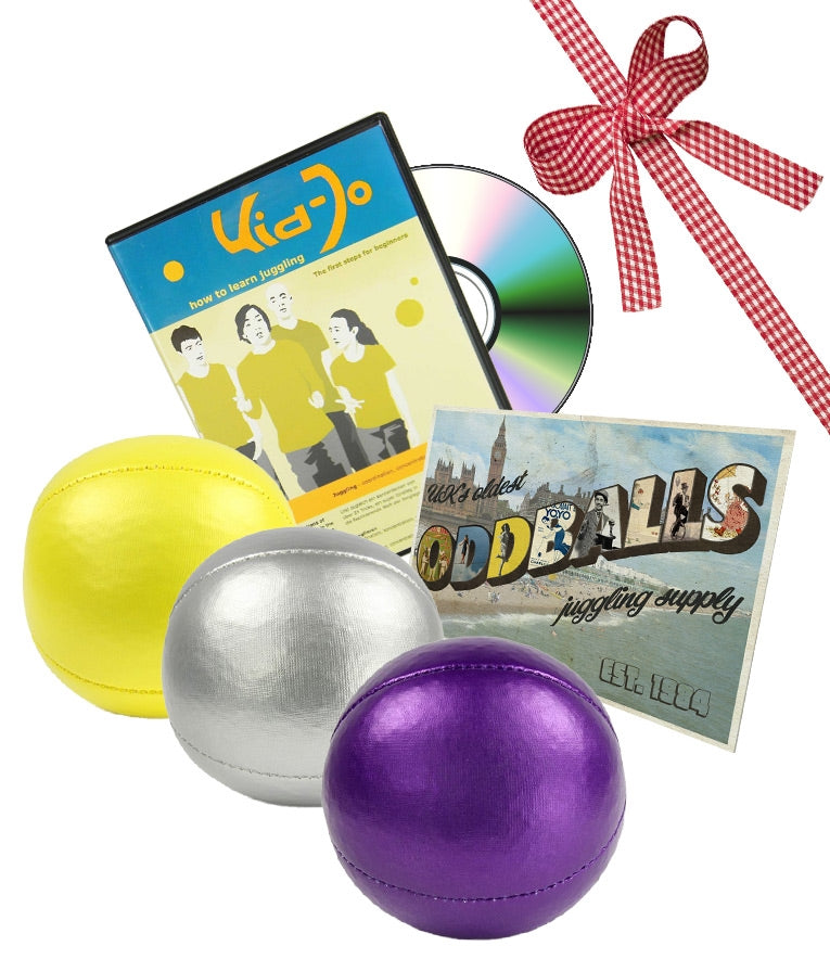 3 pc Juggle Dream Shineys Premium Thud Juggling Balls (Solid-Colours), Kid Jo Juggling DVD and Oddballs Postcard