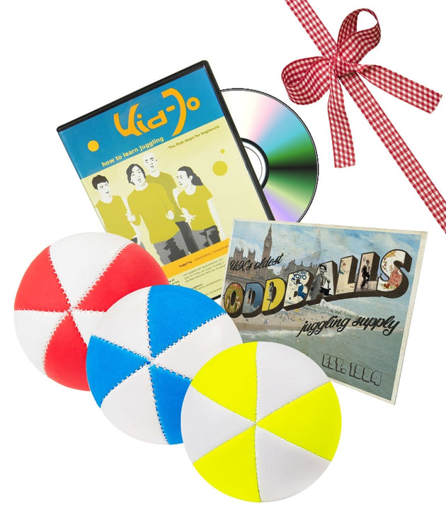 3pc Juggle Dream Star Pro 6-Panel Juggling Balls - UV (White), Kid Jo Juggling DVD and Oddballs Postcard