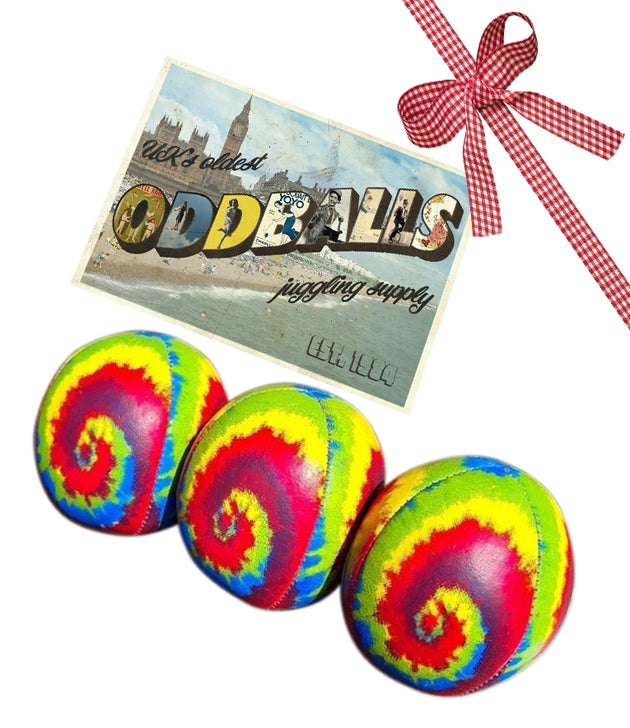 3 pc Juggle Dream Festival Tye-Dye Swirl juggling balls and Oddballs Postcard