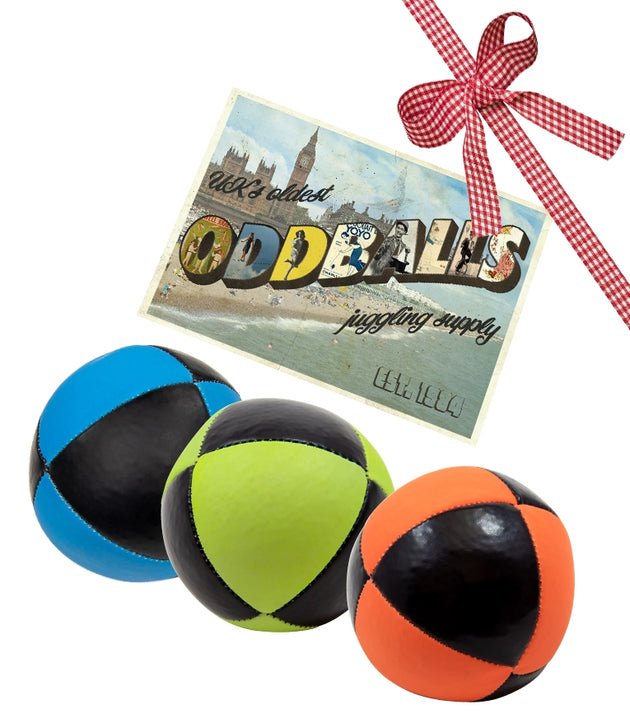 3 pc Juggle Dream 8-panel Squeeze Thud Juggling Balls (UV colours) and Oddballs Postcard