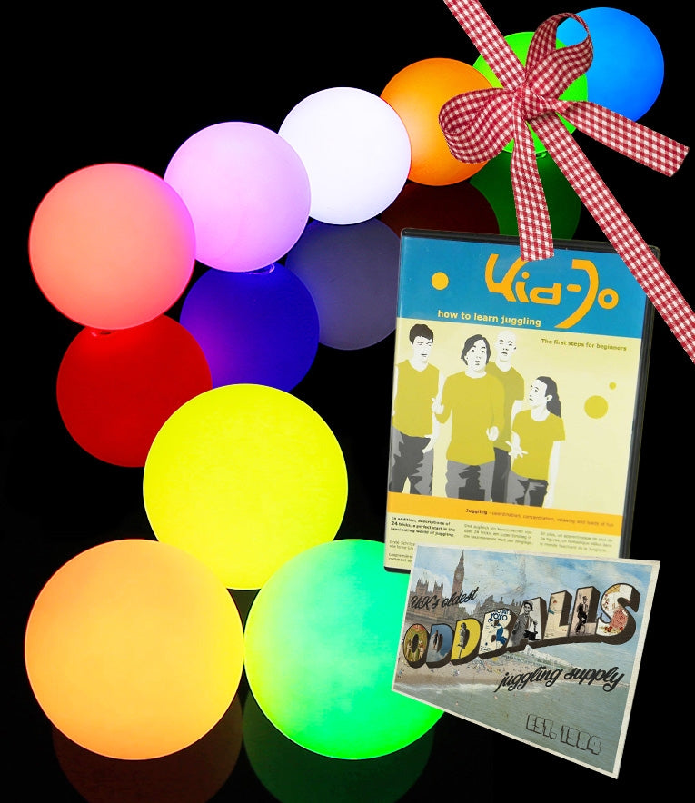 3 pc Oddballs 70mm Multi-function LED Glow balls - Twist + 1 pc Oddballs LED Contact Ball - 95mm - Rechargeable +  Kid Jo Juggling DVD + Oddballs Postcard